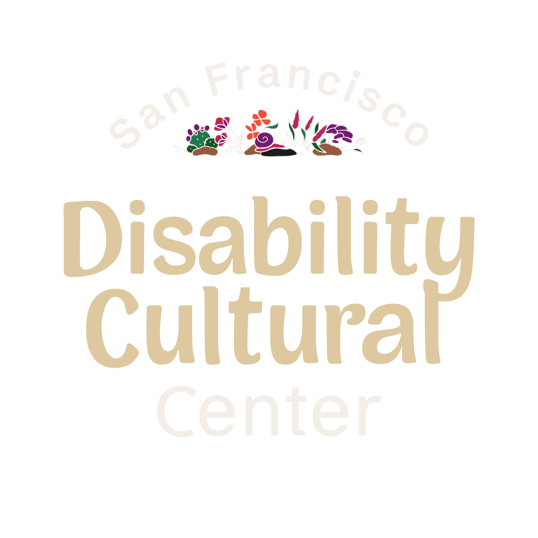 Logo of the San Francisco Disability Cultural Center with stylized text and colorful abstract designs above the words "Disability Cultural.