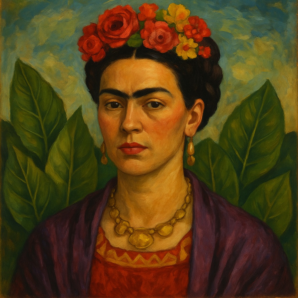 Portrait of Frida Kahlo wearing a flower crown